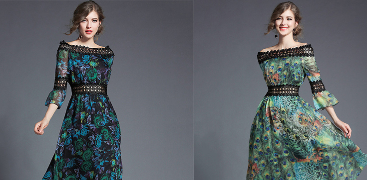 Graceful Boat Neck Printed Lace Patchwork Chiffon Dress