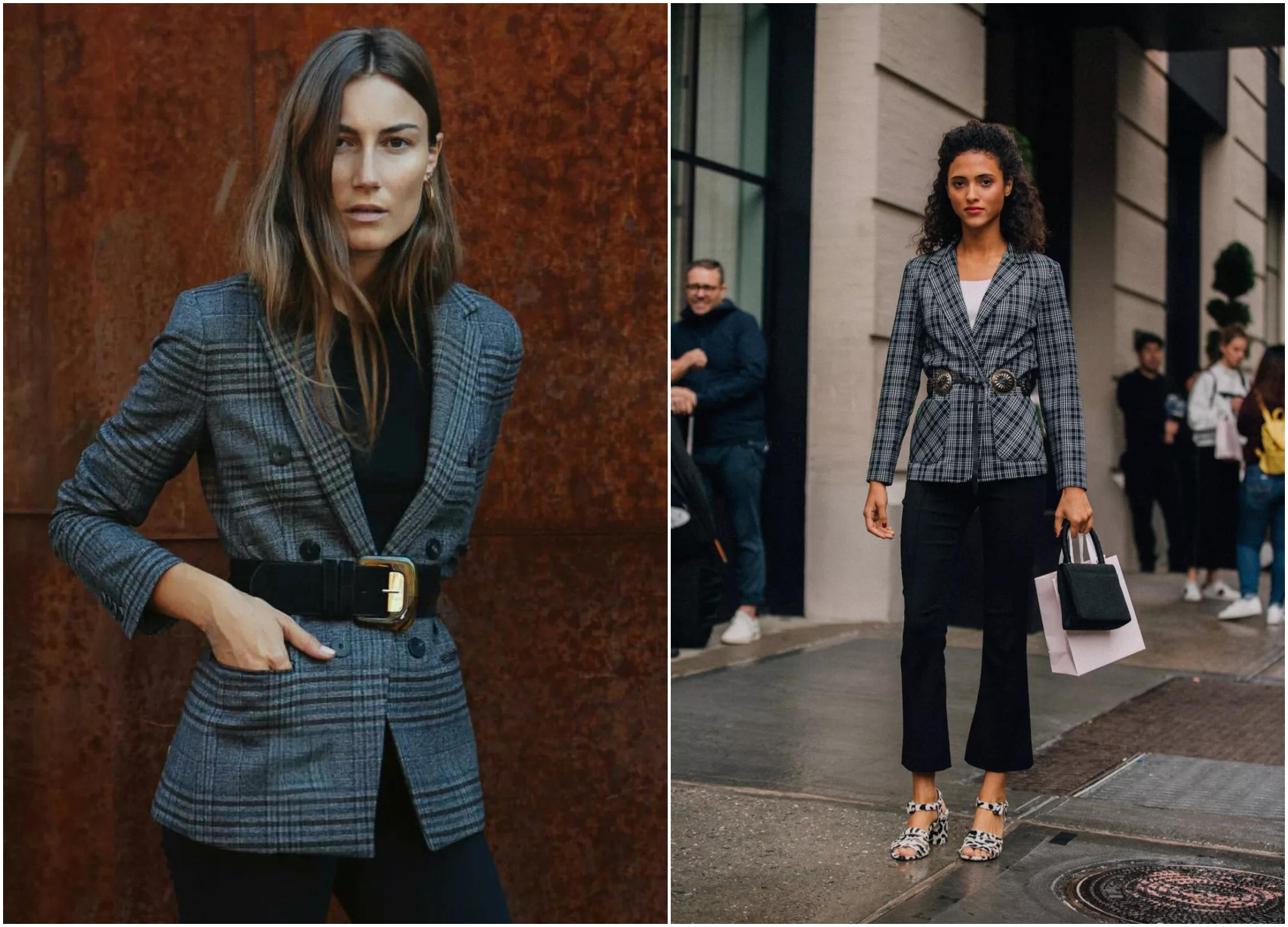 A plaid blazer with a belt