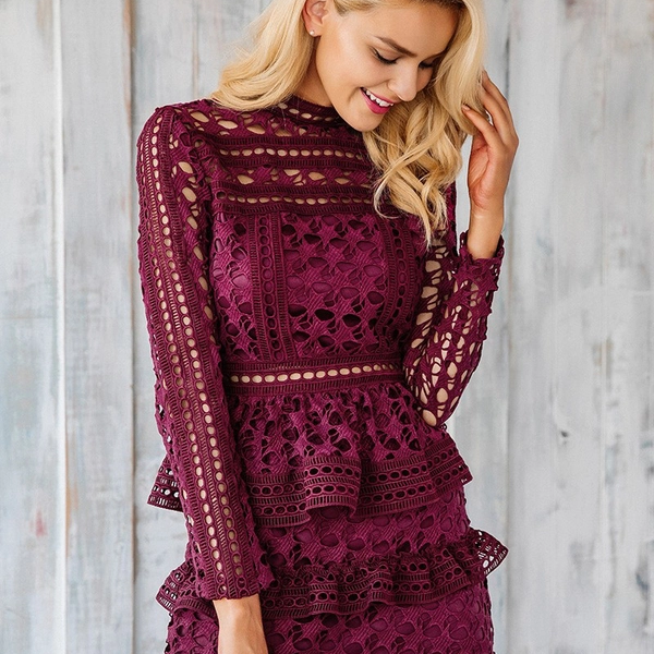 Wholesale7 Euro Style Hollow Out Lace Tiered Dress