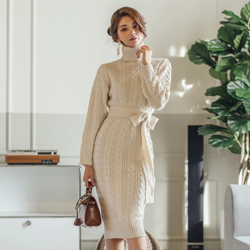 Fashion High Neck Tie-Wrap Knit Long Sleeve Dress