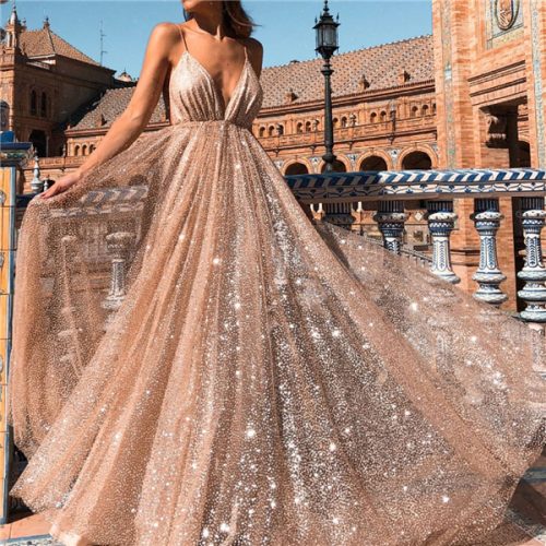 Sexy V Neck Backless Patchwork Floor Length Dress