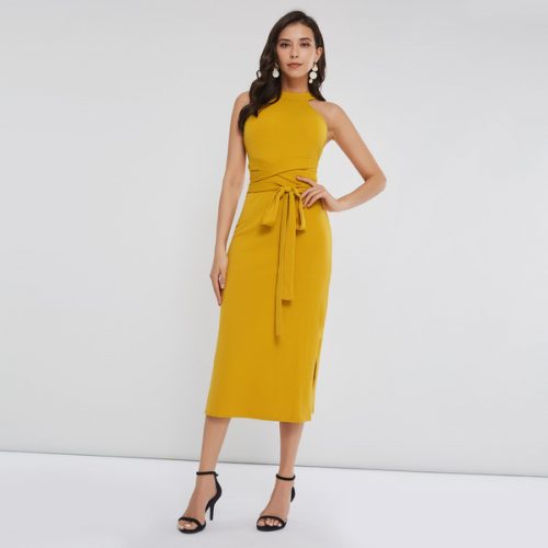 Stand Collar Off Shoulder Split Hem Knit Dress