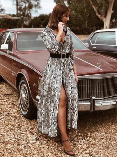 Winter Snake Print Slit Sexy Long Sleeve Dresses