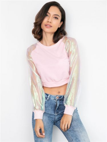 Chic Gauze Patchwork Cropped Sweatshirt For Womens