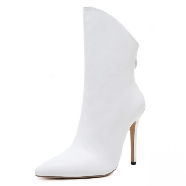 Classic Solid Thin Heel Pointed White Boots
