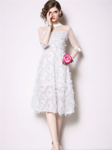 Crew Neck Feather Fitted White Dress