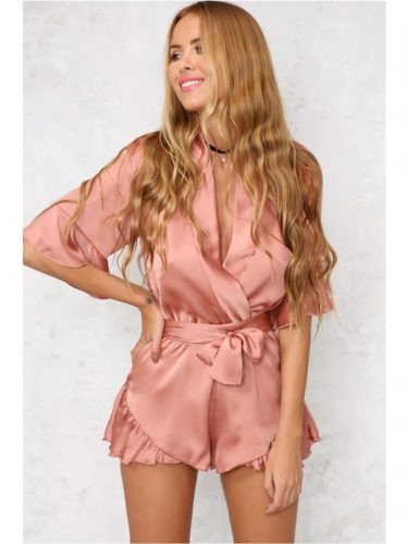Deep V Neck Tie-Wrap Ruffled Hem Women Romper