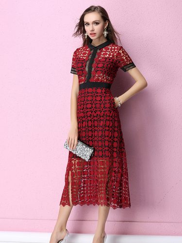 Elegant Hollow Out Patchwork Slit Lace Dress