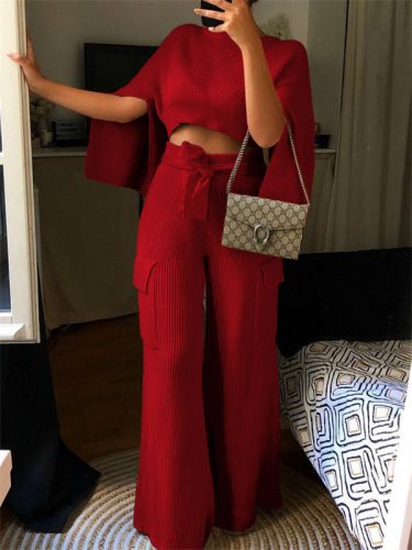 Euro Crew Neck Cropped Tie-Wrap 2 Piece Sets