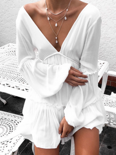 Euro V-Neck Ruched Lantern Sleeve White Dresses