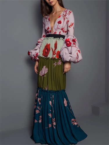 Fashion Deep V Neck Colorblock Floral Prom Dress