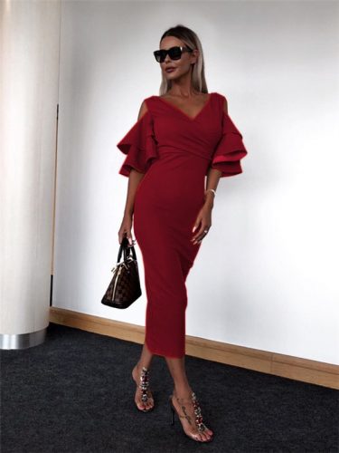 Hot Sale Solid Fitted Sexy Ruffled Sleeves Dress