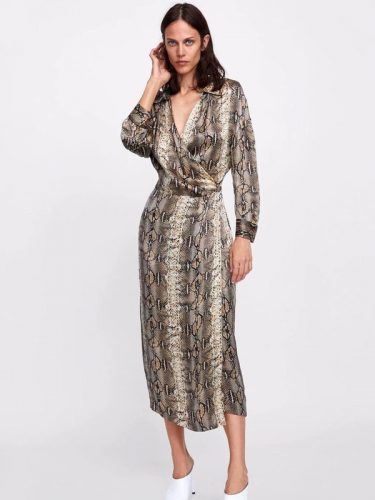 New Arrival Snake Print V Neck Women Dress
