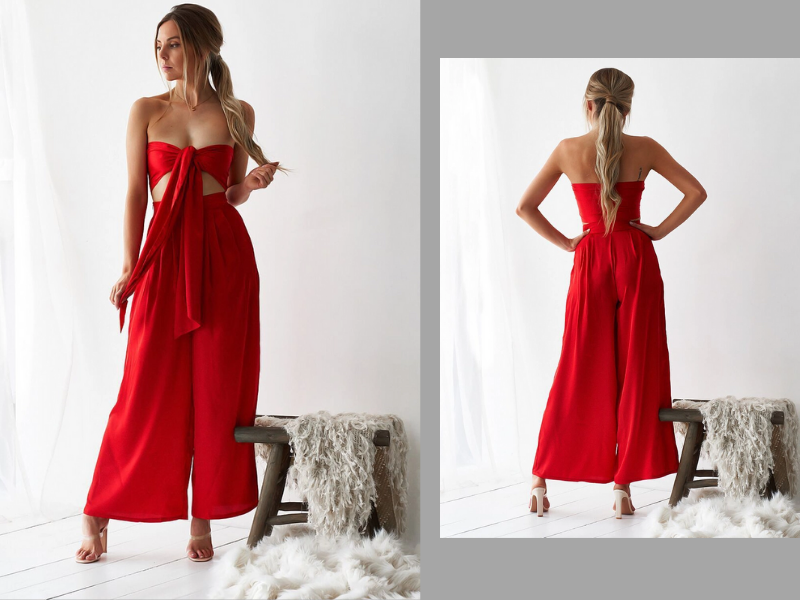 Off Shoulder Binding Wide Leg Red Co-Ords