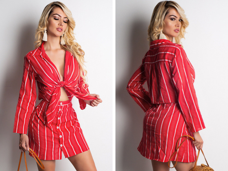 Stylish Sexy Striped Top With Wrap Red Skirt