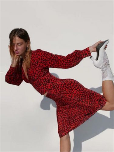 V Neck Heart Print Red Two Pieces Sets