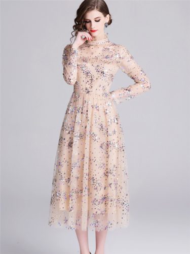 Beautiful Gauze Stand Collar Sequin Dress