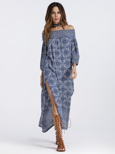 Boat Neck Printing High Slit Sexy Boho Dress
