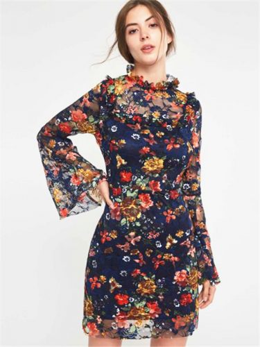 Bohemian Floral Patchwork Dark Blue Long Sleeve Dress