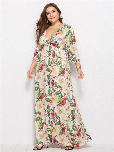 Euro Deep V Neck Floral Printed Loose Maxi Dress