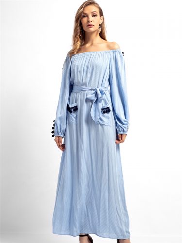 Muslim Tie-wrap Striped Off The Shoulder Dress