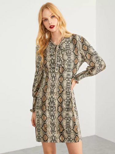 Stylish Binding Bow Snake Printed Dresses
