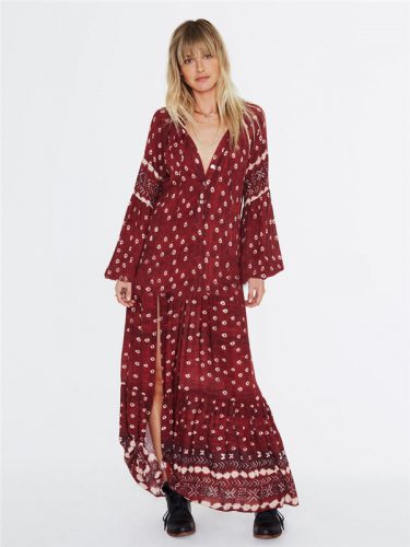 V Neck Lantern Sleeve Split Hem Maxi Dress