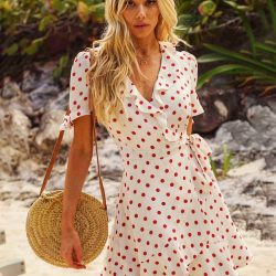 V Neck Tie-Wrap Flounce Hem Polka Dot Dresses