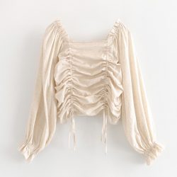 Puff Sleeve Drawstring Pleated Blouse