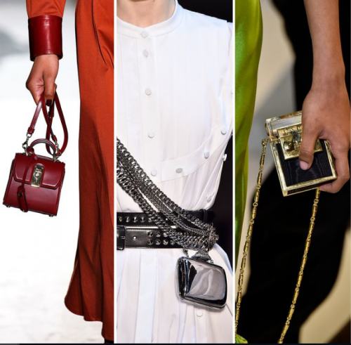 3 girls holding Three kinds of ltty bitty bags on the catwalk