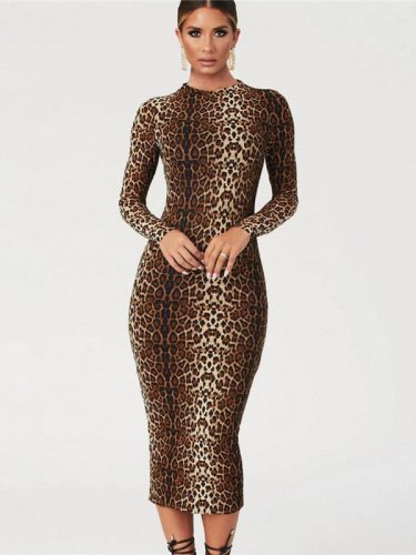 Long Sleeve Animal Printed Bodycon Dress