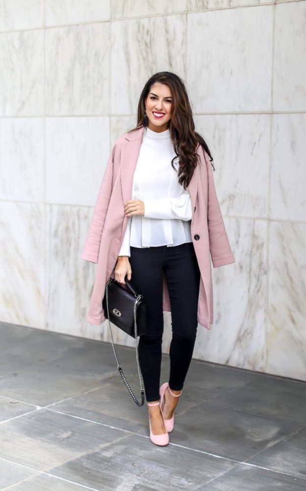 women dress pink sandals match a pink coat