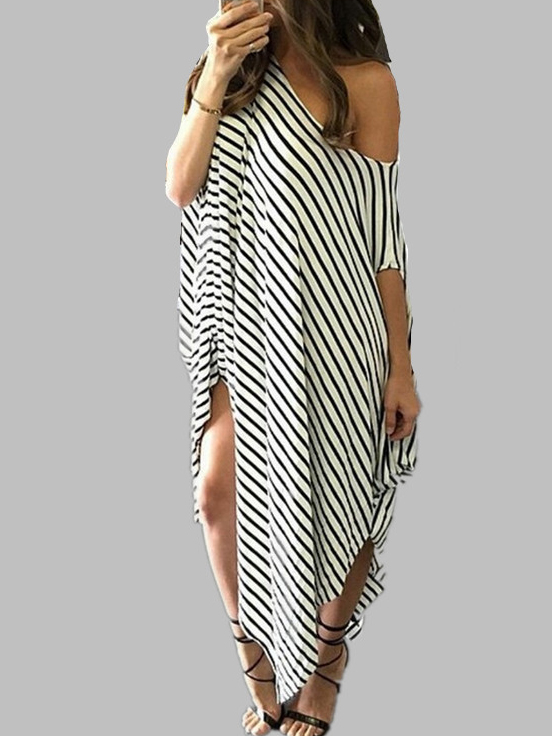 Casual Loose Short Sleeve Striped Maxi?Dress