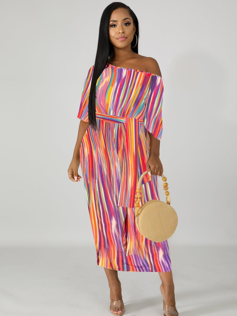 Loose Inclined Shoulder Colorful Striped Casual Maxi?Dresses