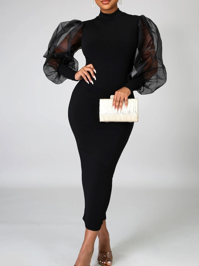 Mock Neck Gauze Lantern Sleeve Black Maxi?Dress