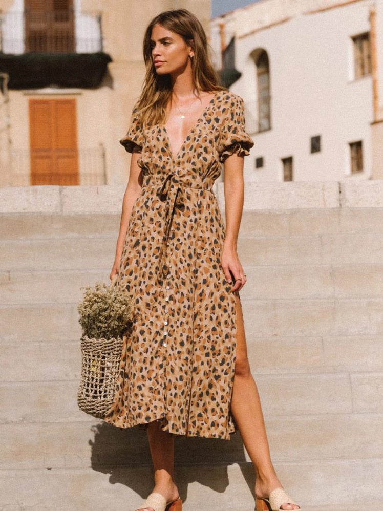 Single-Breasted v Neck Leopard Maxi?Dresses