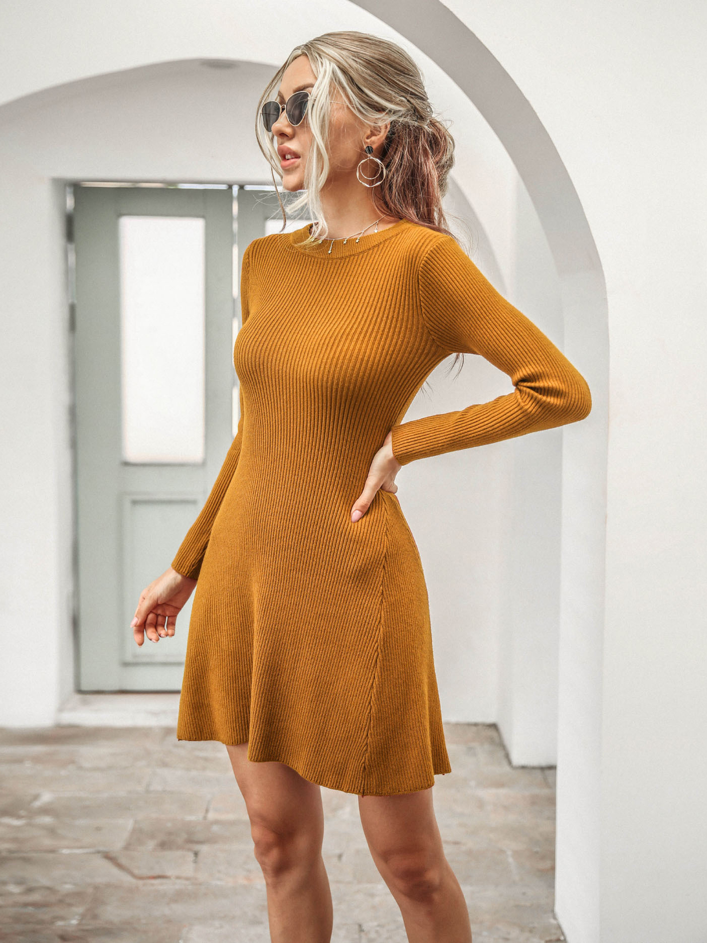 Solid Crew Neck Long Sleeve Bodycon Dress