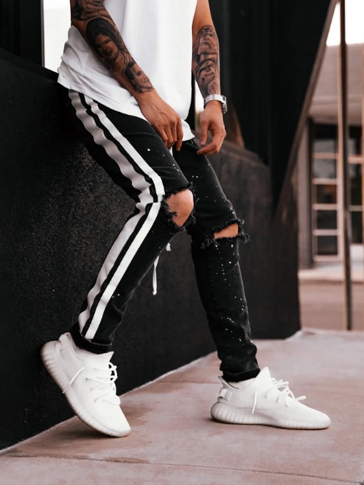 Black And White High Waist Ripped Jeans Casual