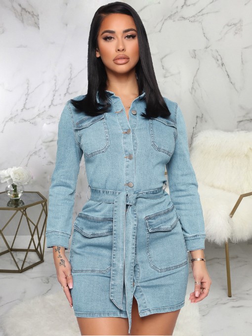 Casual OL Style Slim Turndown Collar Denim Dress