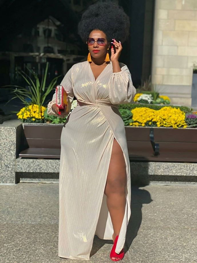 Deep v Side Slit Long Sleeve Maxi Dresses