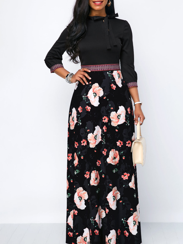 Euro Bow Neck Flower Stitching Maxi Dress
