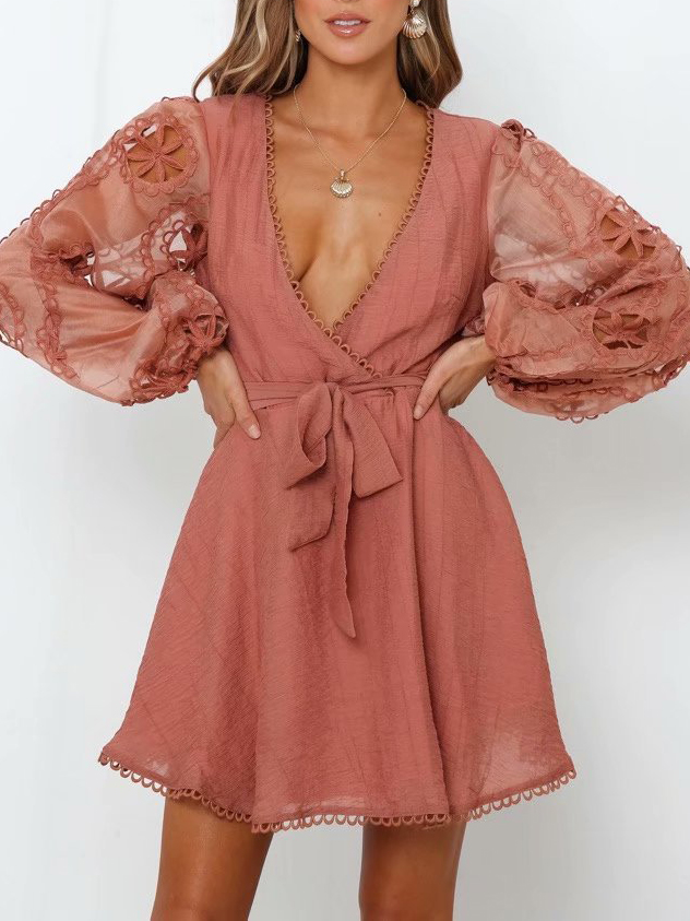 Lace Gauze Patchwork Lace Up Ladies Dress