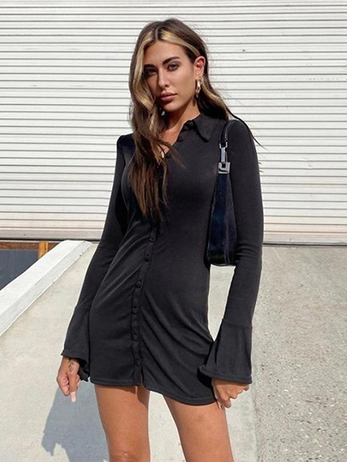 Long Sleeve Slim Black Versatile Shirt Dress