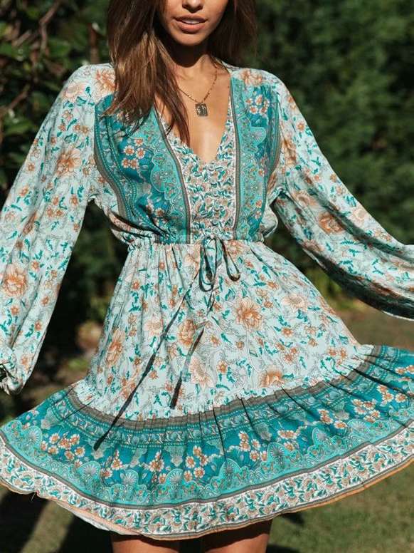 Printed V Neck Long Sleeve Dresses For Women