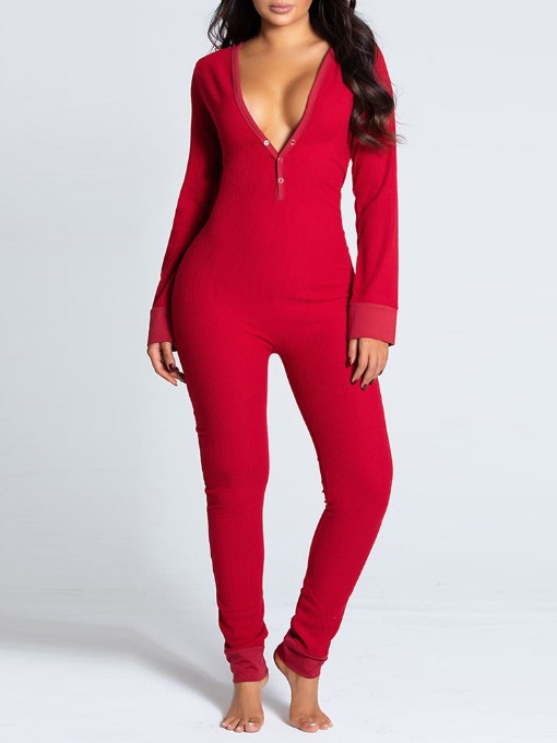 Solid Color Button Long Sleeve Lounge Jumpsuit