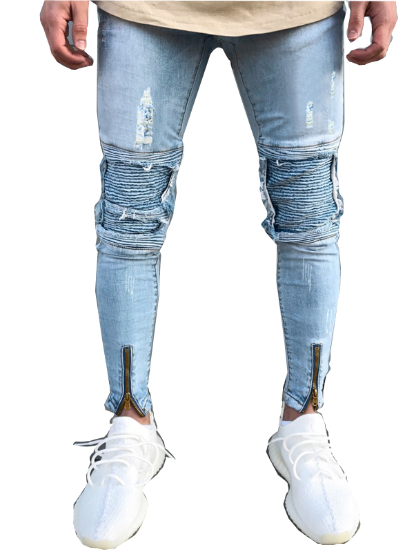 Street Patchwork Light Blue Ripped Jeans Men