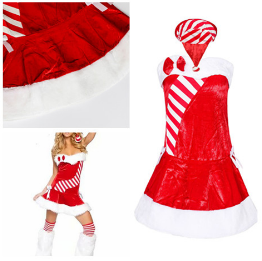 Striped Plush Decor Sleeveless Christmas Costume Dress