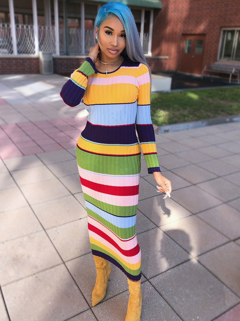 Stylish Color Block Striped Long Sleeve Maxi Dress