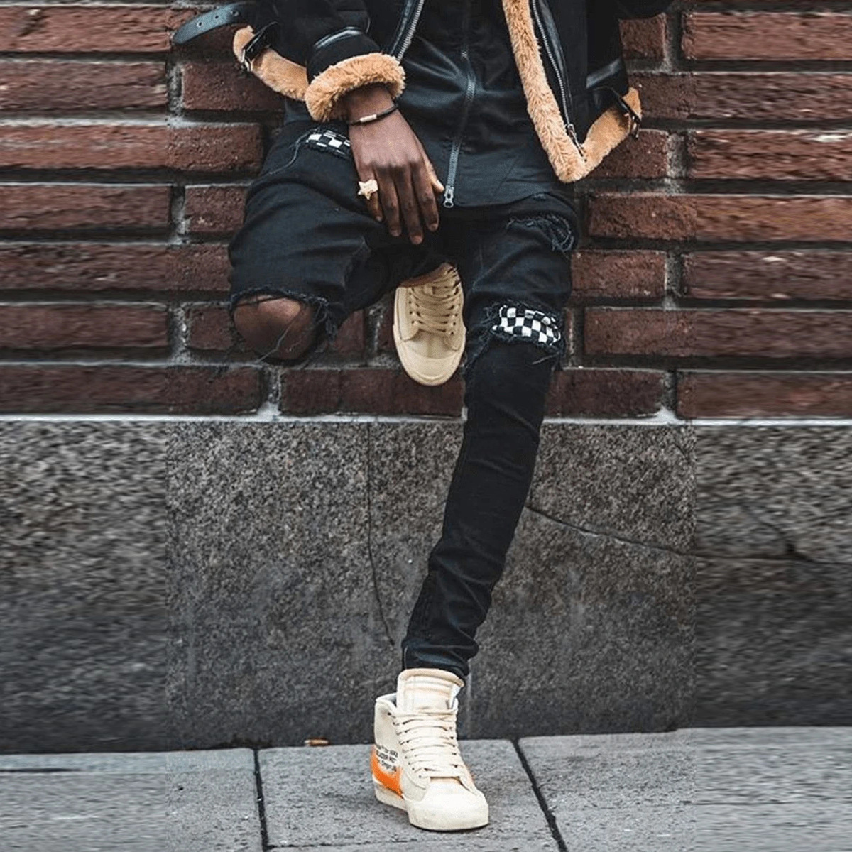Trendy Checkered Patch Skinny Distressed Jeans