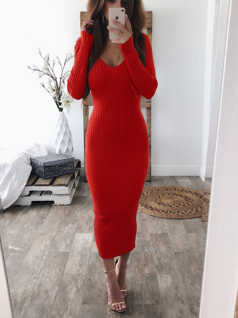 V Neck Comfortable Solid Long Sleeve Maxi Dress